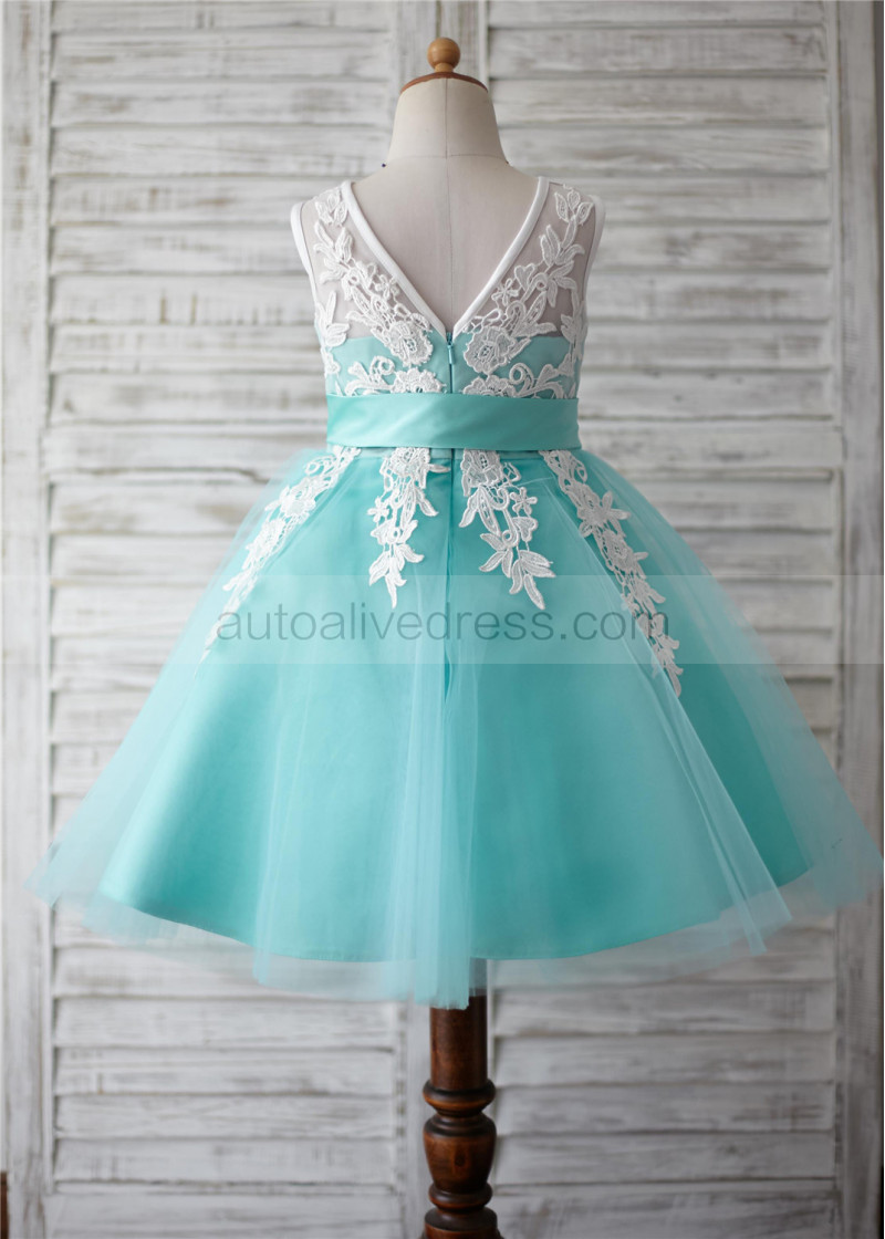 A-line Turquoise Tulle Ivory Lace V Back Knee Length Flower Girl Dress A-line Turquoise Tulle Ivory Lace V Back Knee Length Flower Girl Dress