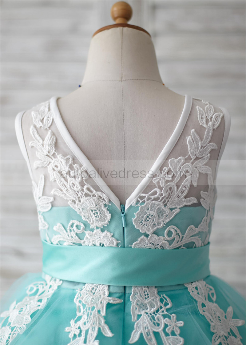 A-line Turquoise Tulle Ivory Lace V Back Knee Length Flower Girl Dress