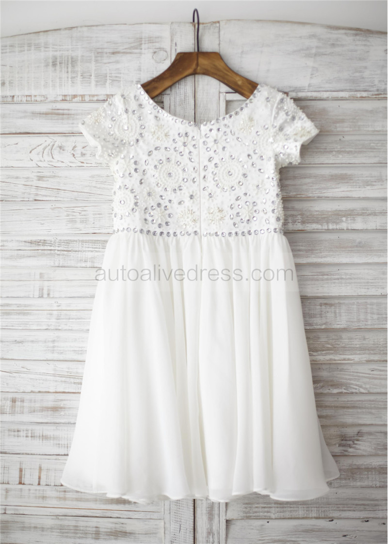 Ivory Chiffon Beaded Short Sleeves Knee Length Flower Girl Dress Ivory Chiffon Beaded Short Sleeves Knee Length Flower Girl Dress