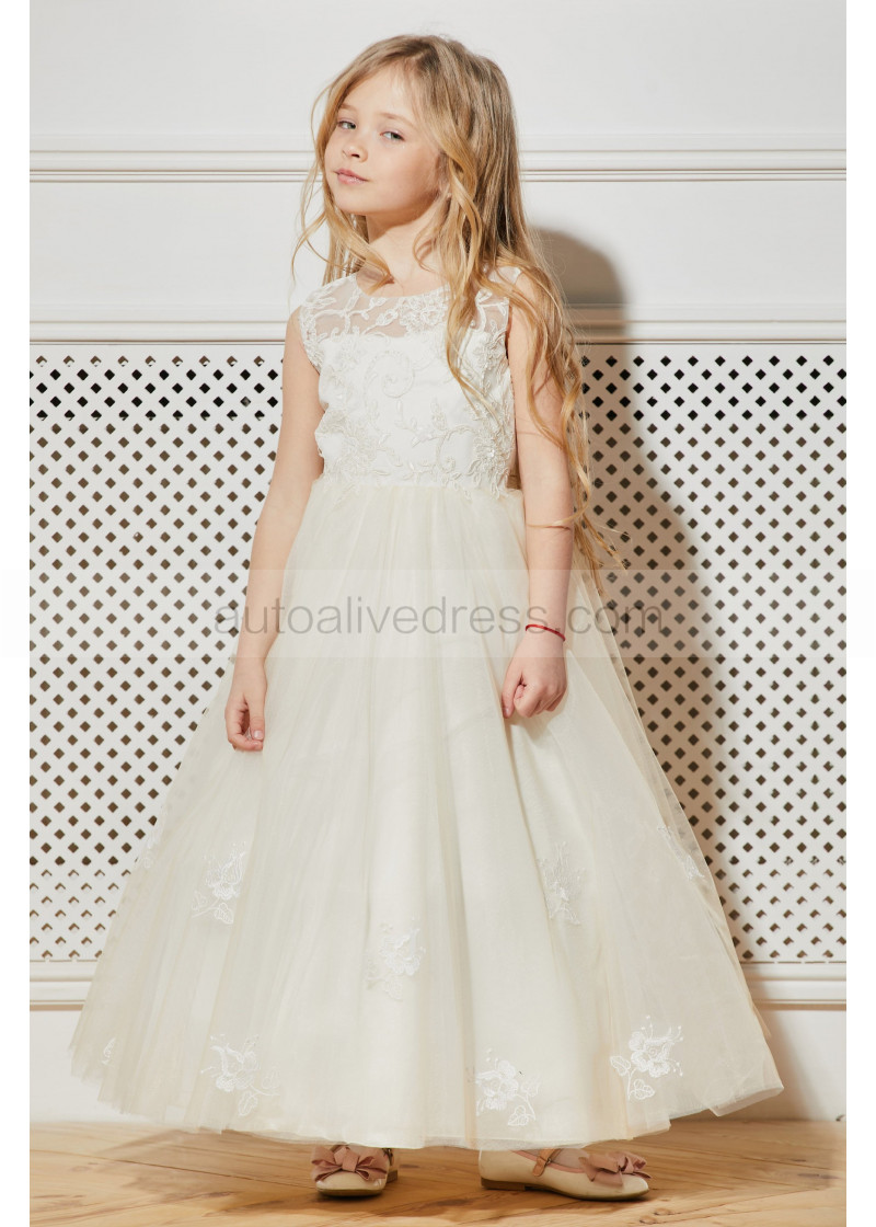 A-line Ivory Lace Tulle Keyhole Back Ankle Length Flower Girl Dress