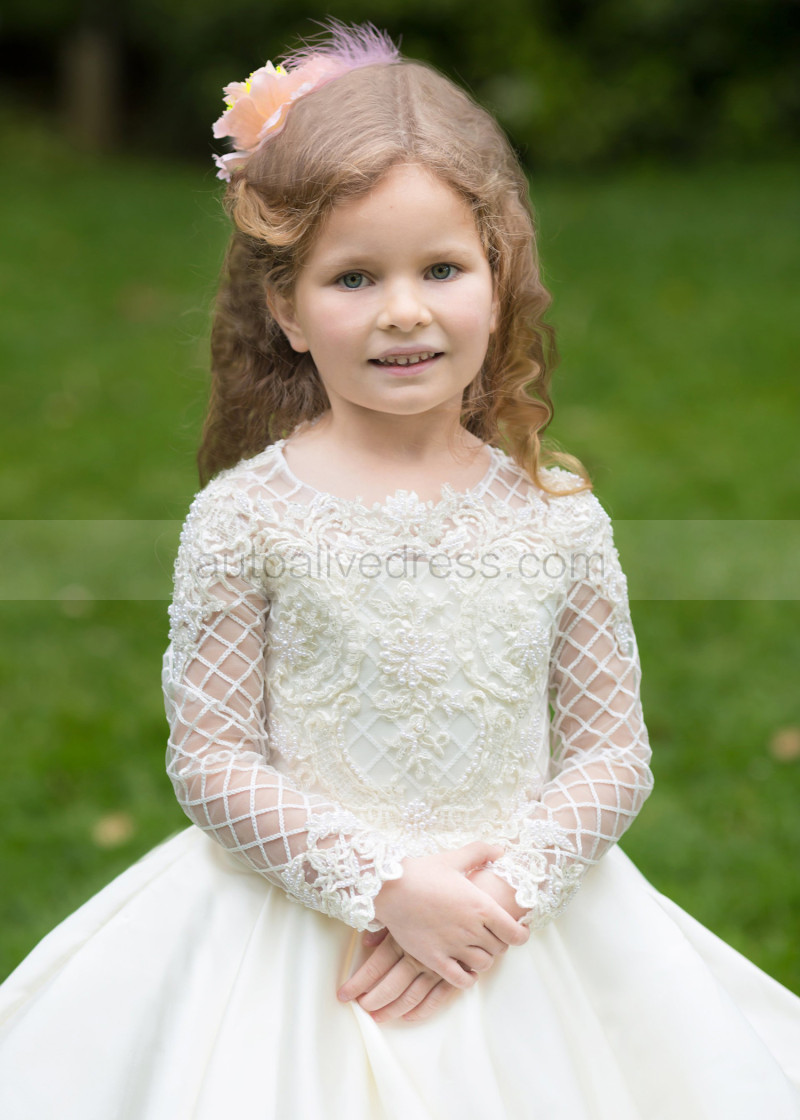 Princess Beaded Ivory Lattice Lace Satin Floor Length Wedding Flower Girl  Dress