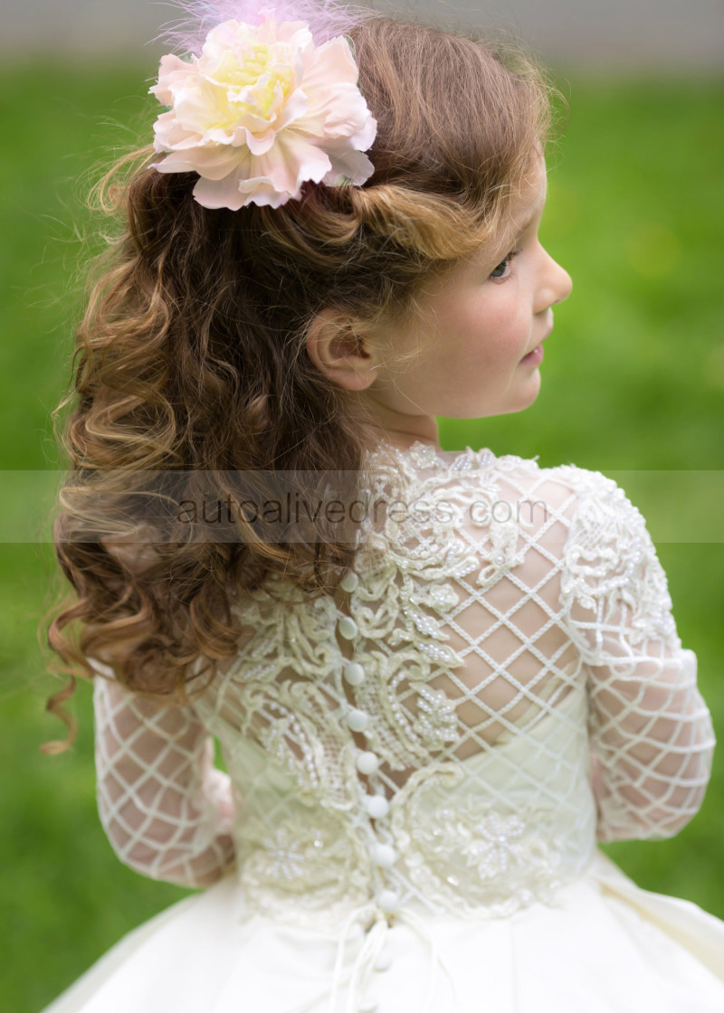 Princess Beaded Ivory Lattice Lace Satin Floor Length Wedding Flower Girl  Dress
