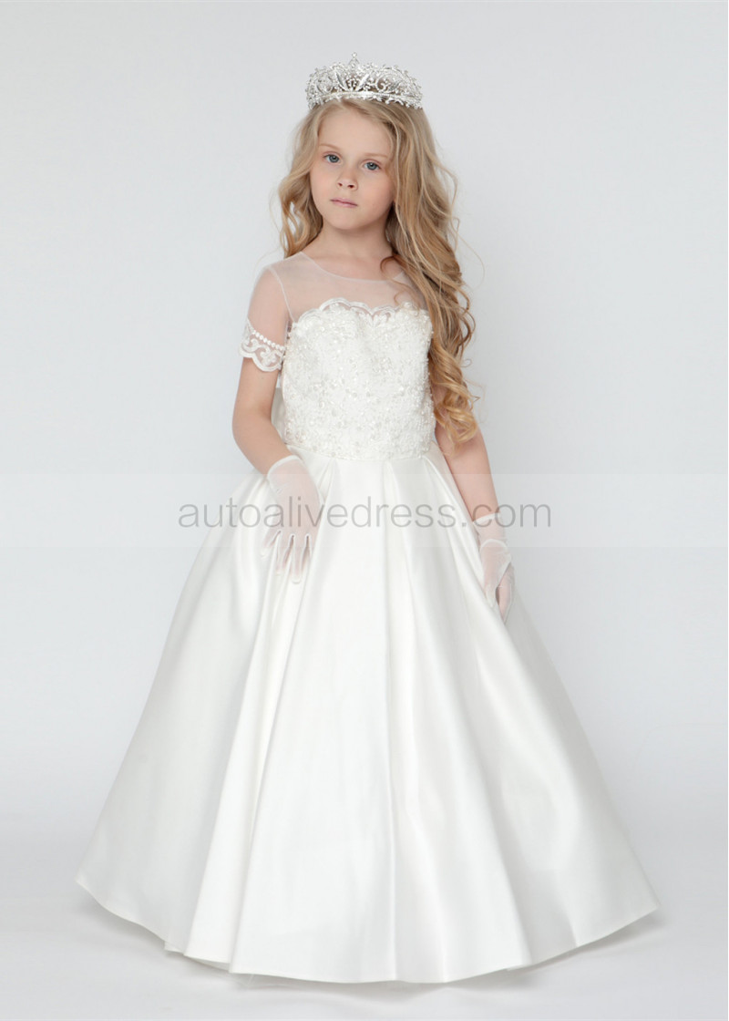 Princess Short Sleeves Beaded Ivory Lace Satin Pearl Long Flower Girl Dress  Princess Dress