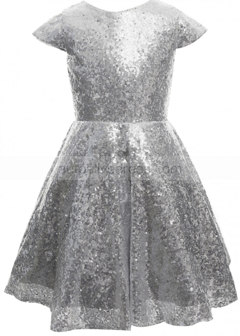 A-line Cap Sleeve Silver Sequin Knee Length Flower Girl Dress