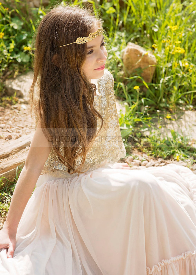 A-line Two Piece Gold Sequin Champagne Tulle Boho Flower Girl Dress A-line Two Piece Gold Sequin Champagne Tulle Boho Flower Girl Dress