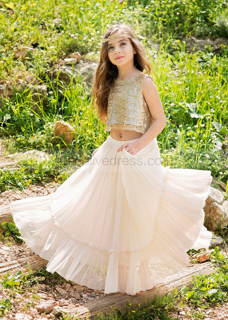 A-line Two Piece Gold Sequin Champagne Tulle Boho Flower Girl Dress A-line Two Piece Gold Sequin Champagne Tulle Boho Flower Girl Dress
