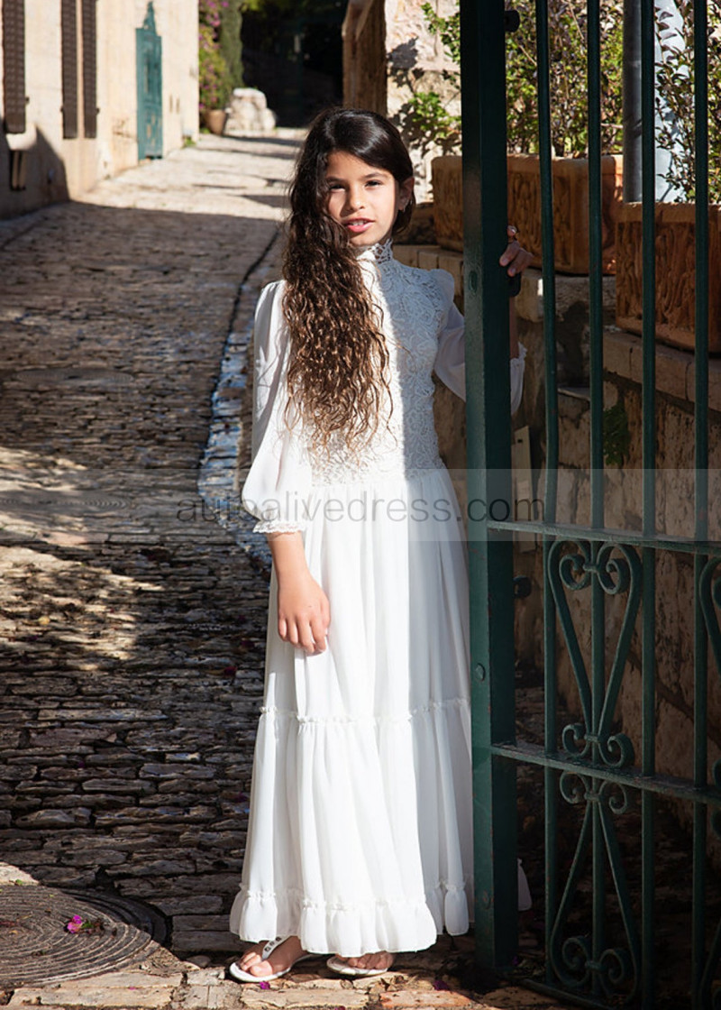 A-line High Neck Ivory Lace Chiffon Keyhole Back Flower Girl Dress
