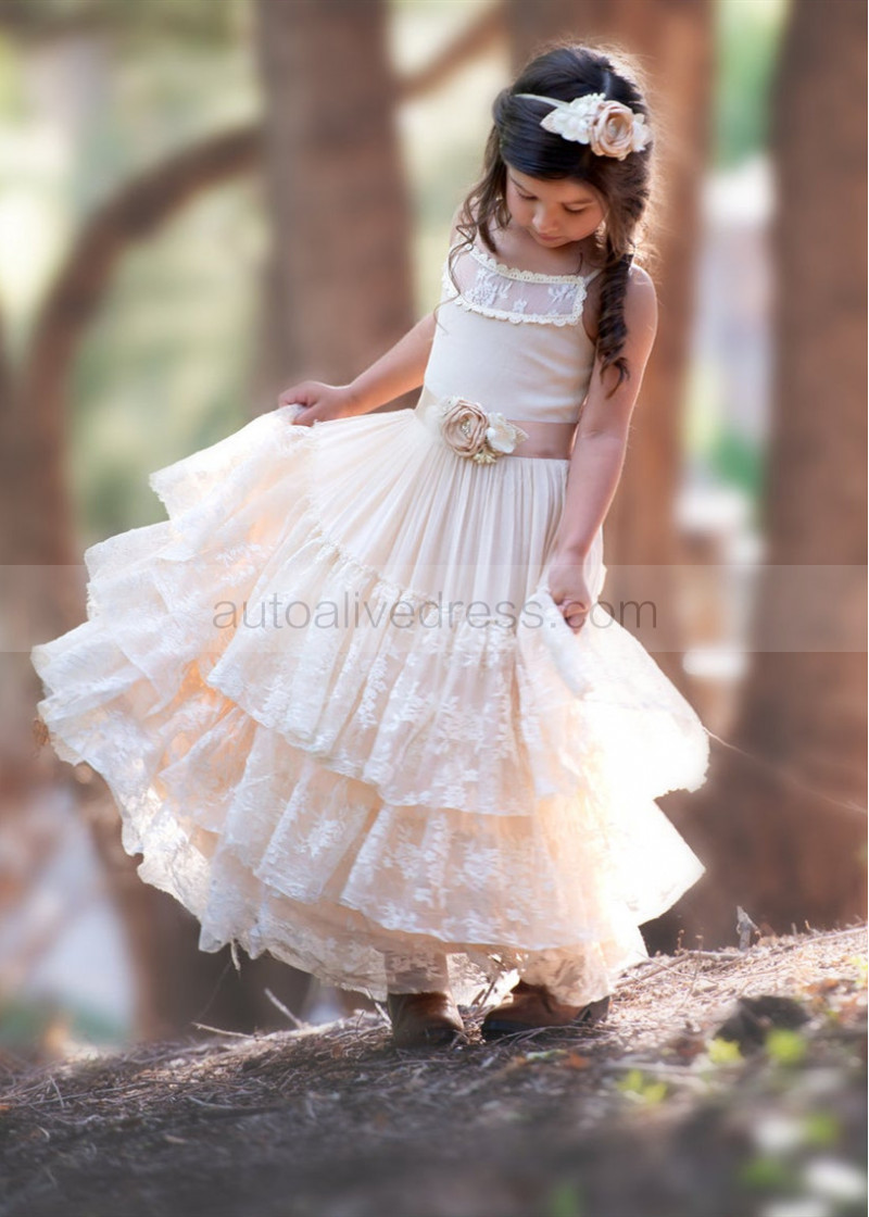 A-line Champagne Lace Tulle Tiered Boho Flower Girl Dress
