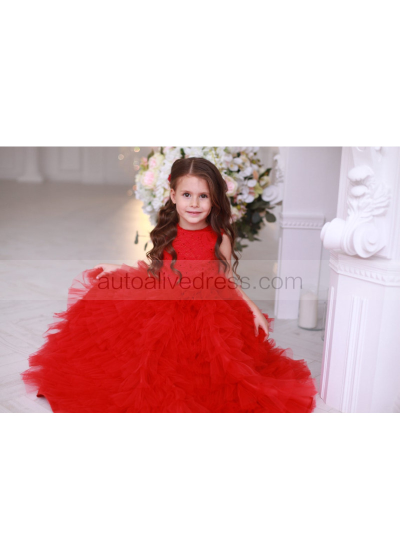 Princess Beaded Red Lace Tulle Ruffle Flower Girl Dress Birthday Dress Princess Beaded Red Lace Tulle Ruffle Flower Girl Dress Birthday Dress