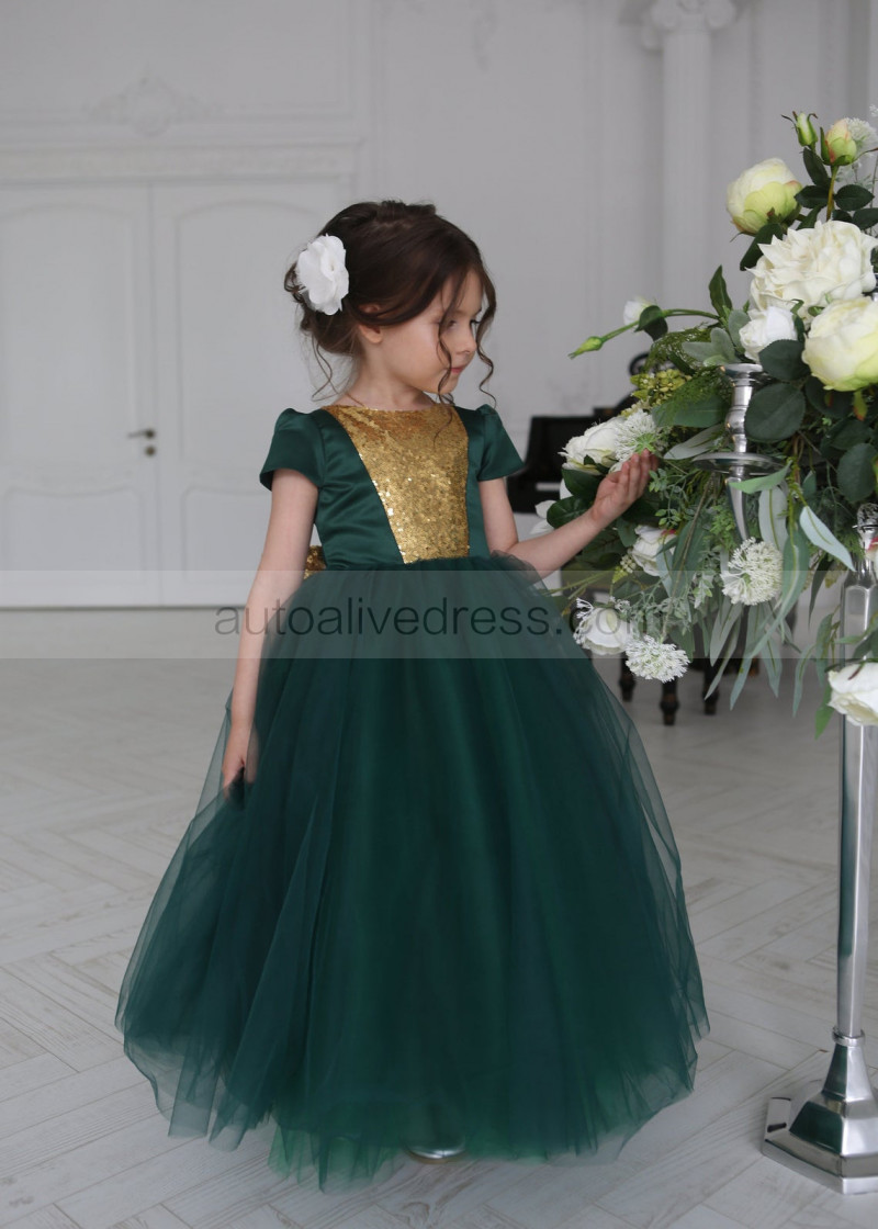 slim fit dress slacks Hi-Low Layered Green Satin Sequin Tulle Cap Sleeves Flower Girl Dress main image 1