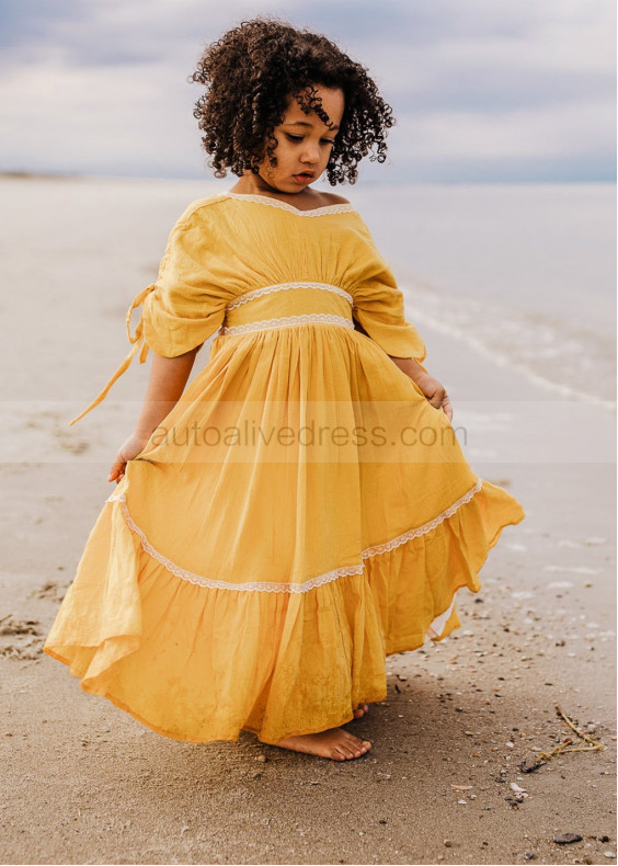 Mustard Yellow Cotton Crepe Boho Beach Twirl Flower Girl Dress Mustard Yellow Cotton Crepe Boho Beach Twirl Flower Girl Dress