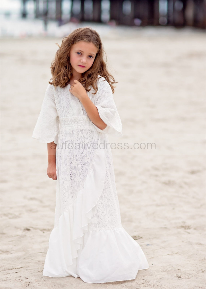 beach flower girl dresses Summer Wedding Girls Dress Summer Dress for Girls Vintage Lace Tiered Satin A-line