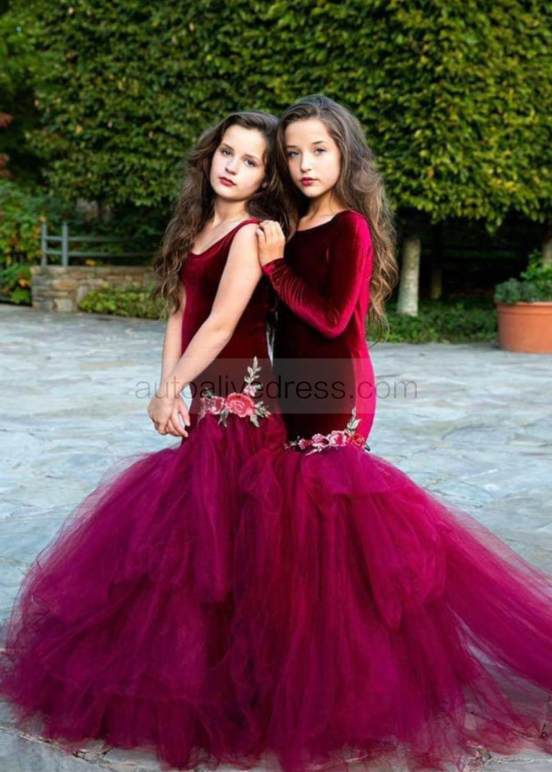 Mermaid Burgundy Velvet Flower Girl Dress