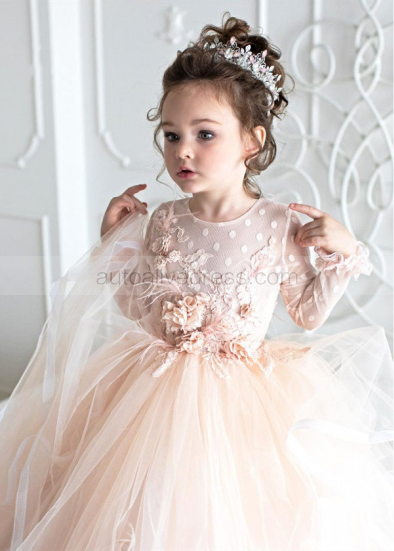 Ball Gown Champagne Tulle Heart Back Flower Girl Dress