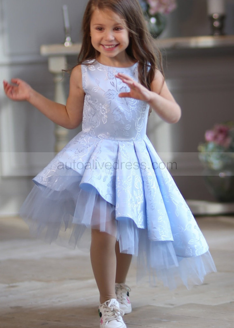 A-line Light Blue Jacquard Asymmetrical Flower Girl Dress
