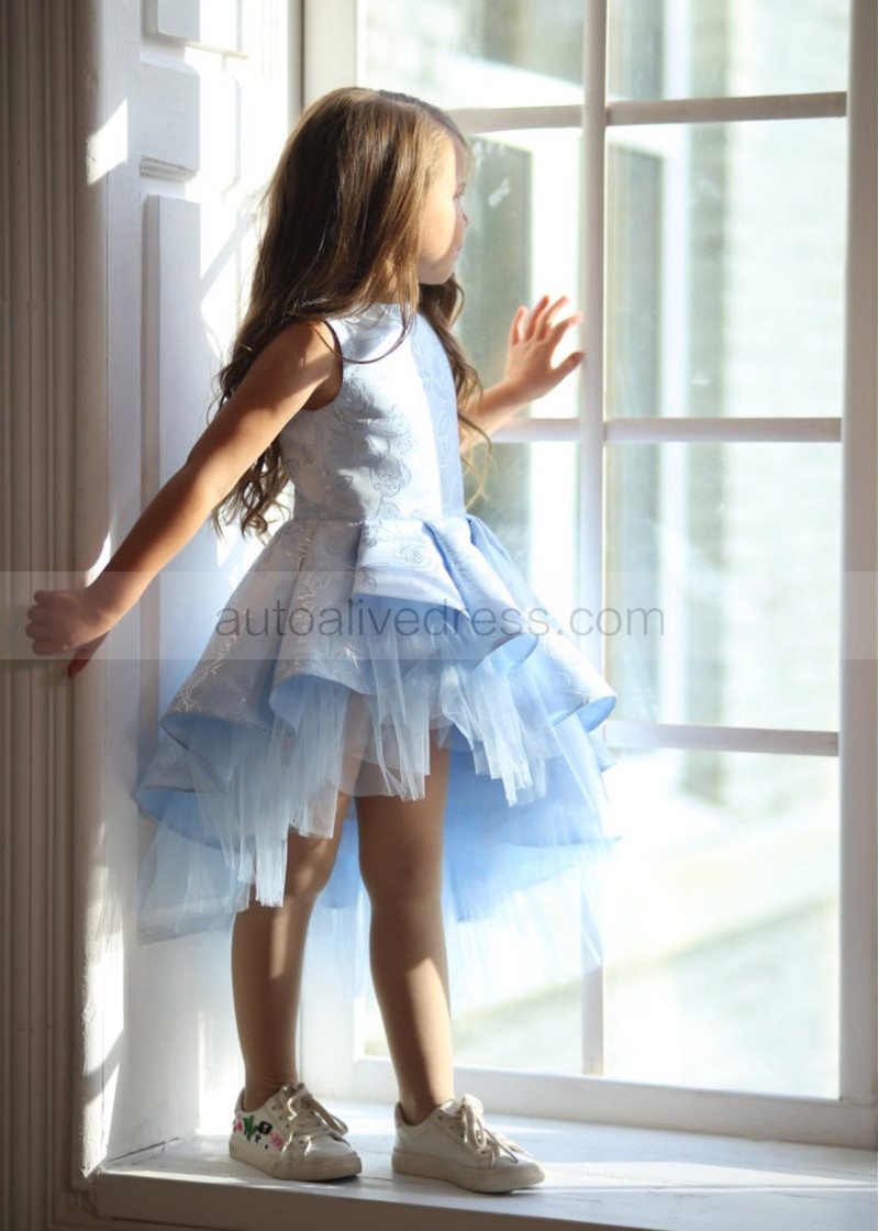 A-line Light Blue Jacquard Asymmetrical Flower Girl Dress