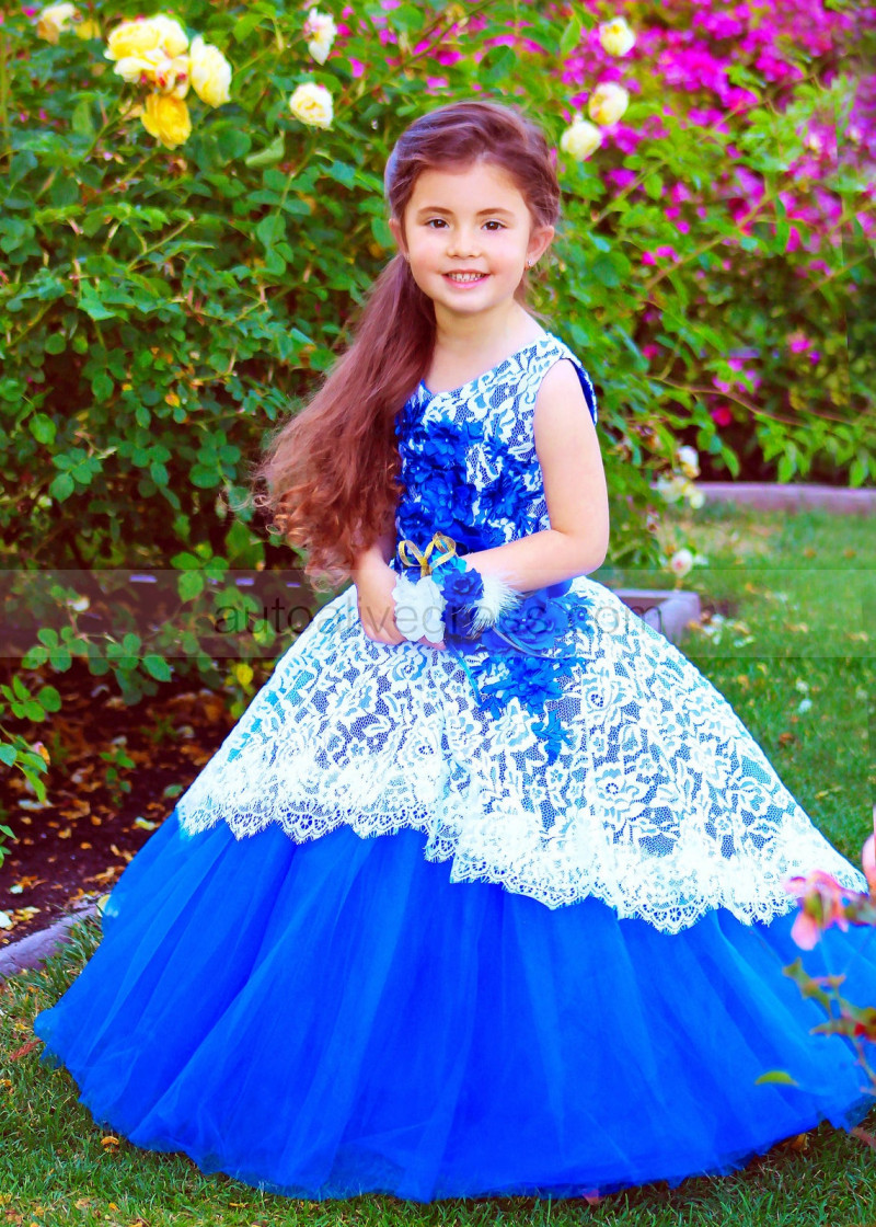Princess Royal Blue Tulle Lace 3D Floral Applique Flower Girl Dress Princess Royal Blue Tulle Lace 3D Floral Applique Flower Girl Dress