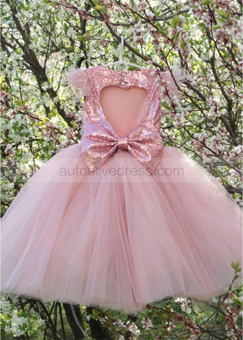 A-line Sequin Tulle Feather Keyhole Back Flower Girl Dress