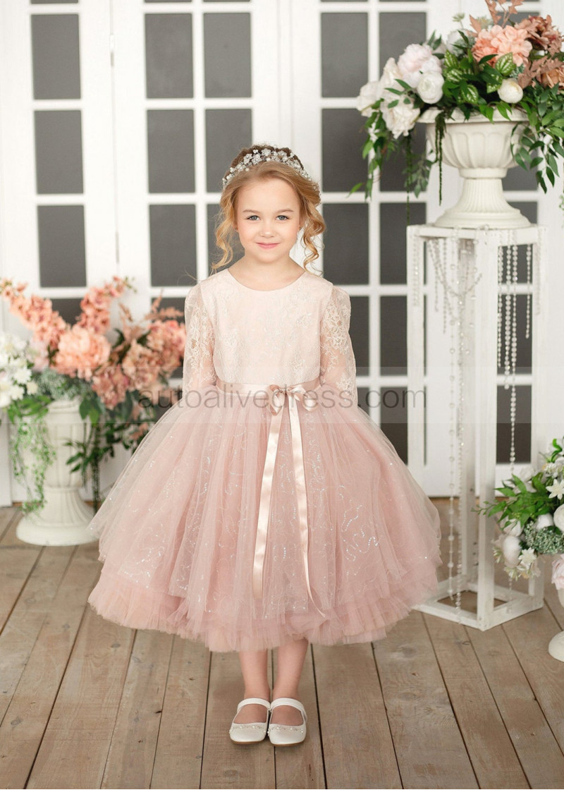 A-line Dusty Pink Lace Tulle Flower Girl Dress A-line Dusty Pink Lace Tulle Flower Girl Dress