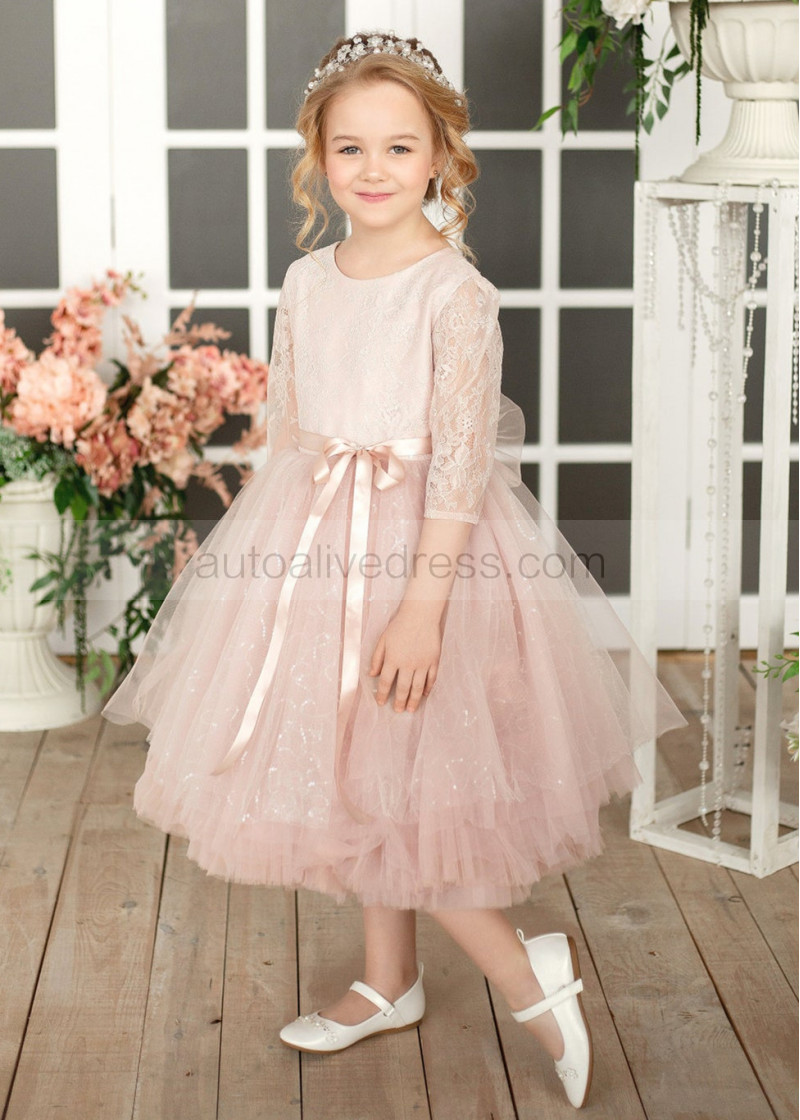 A-line Dusty Pink Lace Tulle Flower Girl Dress A-line Dusty Pink Lace Tulle Flower Girl Dress