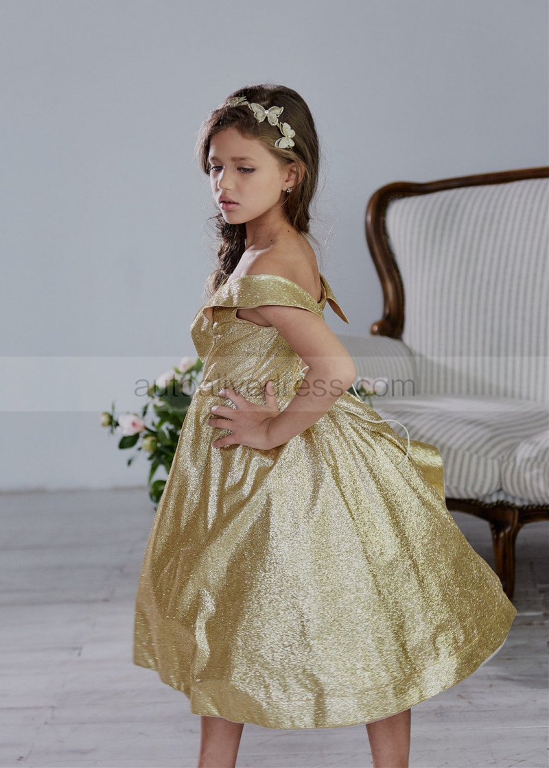 A-line Gold Glitter Off Shoulder Flower Girl Dress