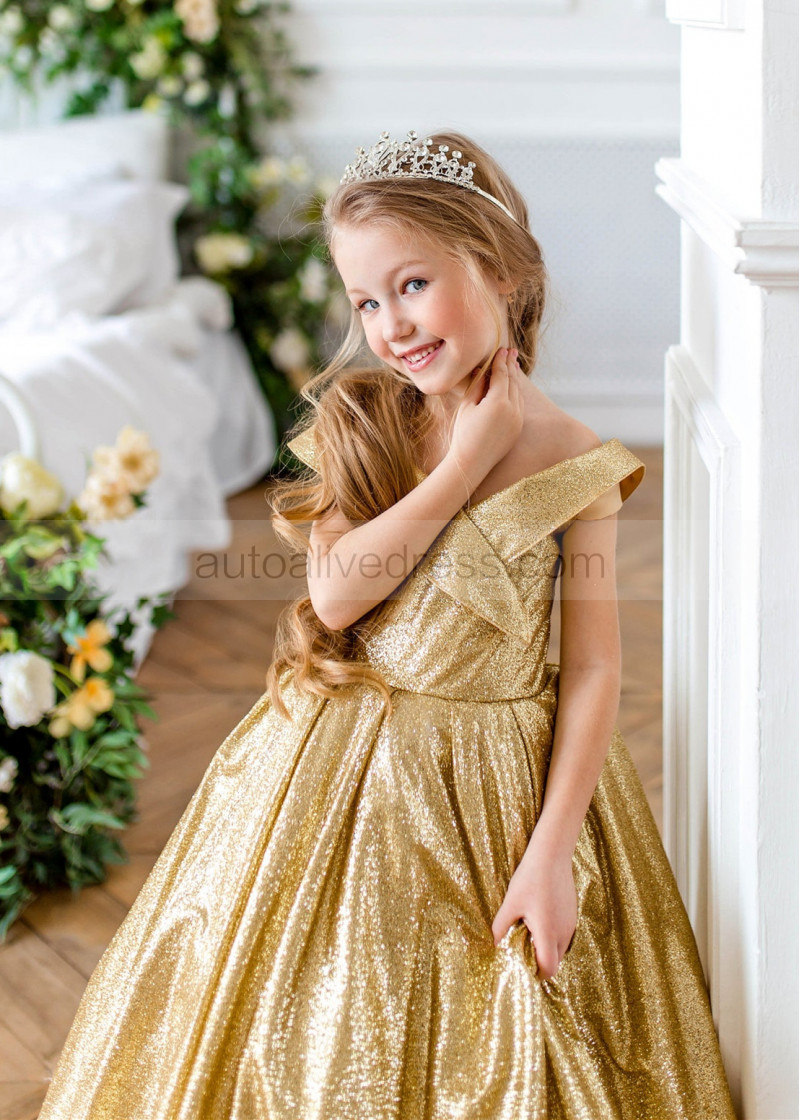 A-line Gold Glitter Off Shoulder Flower Girl Dress