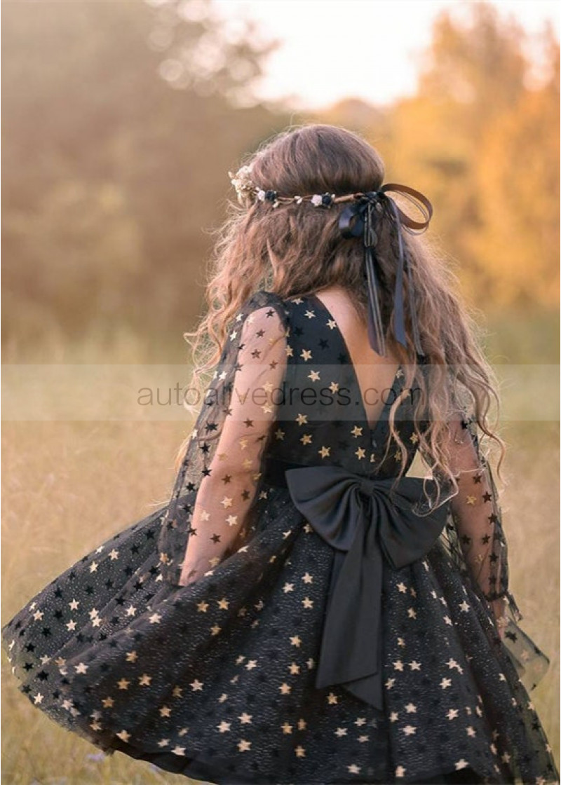 A-line Long Sleeves Black And Gold Stars Tulle Flower Girl Dress