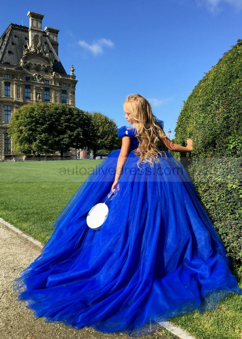 Princess Royal Blue Tulle Long Flower Girl Dress, image size:800x1120