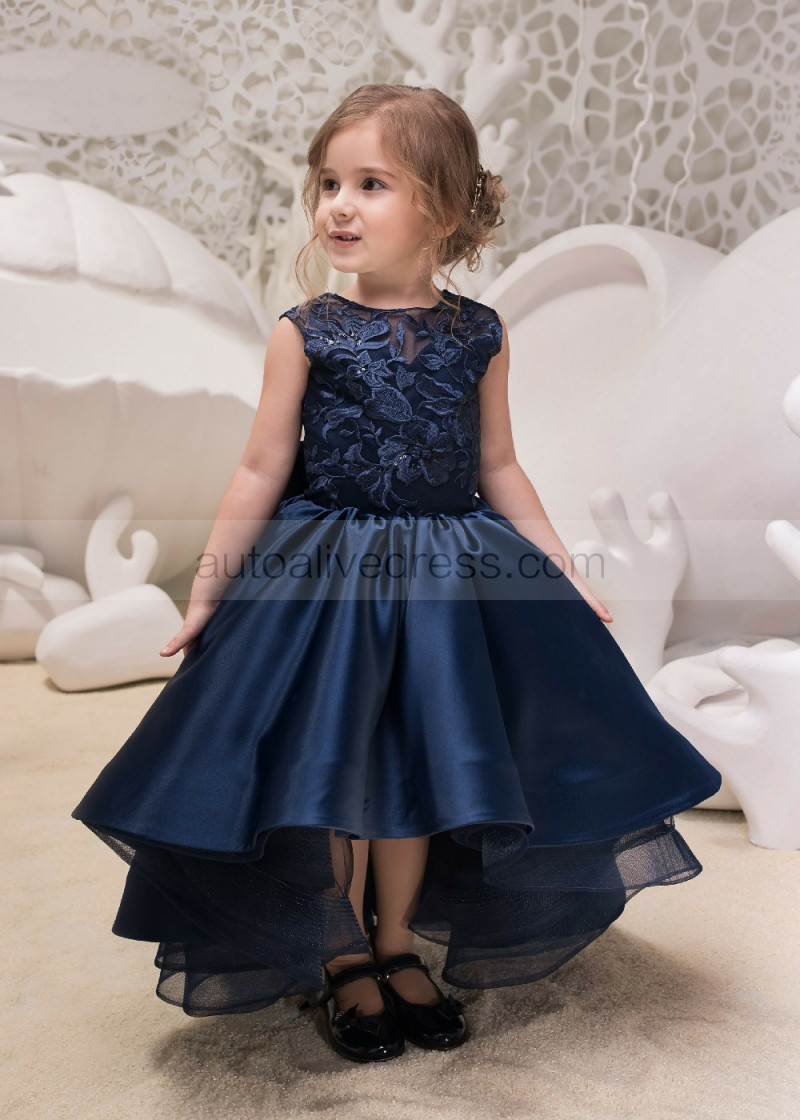A-line Hi Low Navy Blue Lace Satin Long 