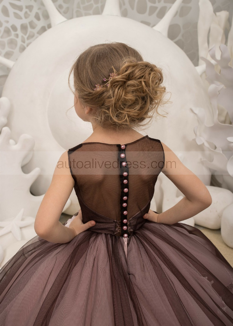 Chocolate Lace Tulle Horsehair Hem Pearl Buttons Back Flower Girl Dress Chocolate Lace Tulle Horsehair Hem Pearl Buttons Back Flower Girl Dress