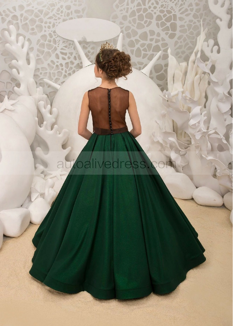 A-line Two Pieces Beaded Dark Green Lace Satin Floor Length Flower Girl Dress A-line Two Pieces Beaded Dark Green Lace Satin Floor Length Flower Girl Dress