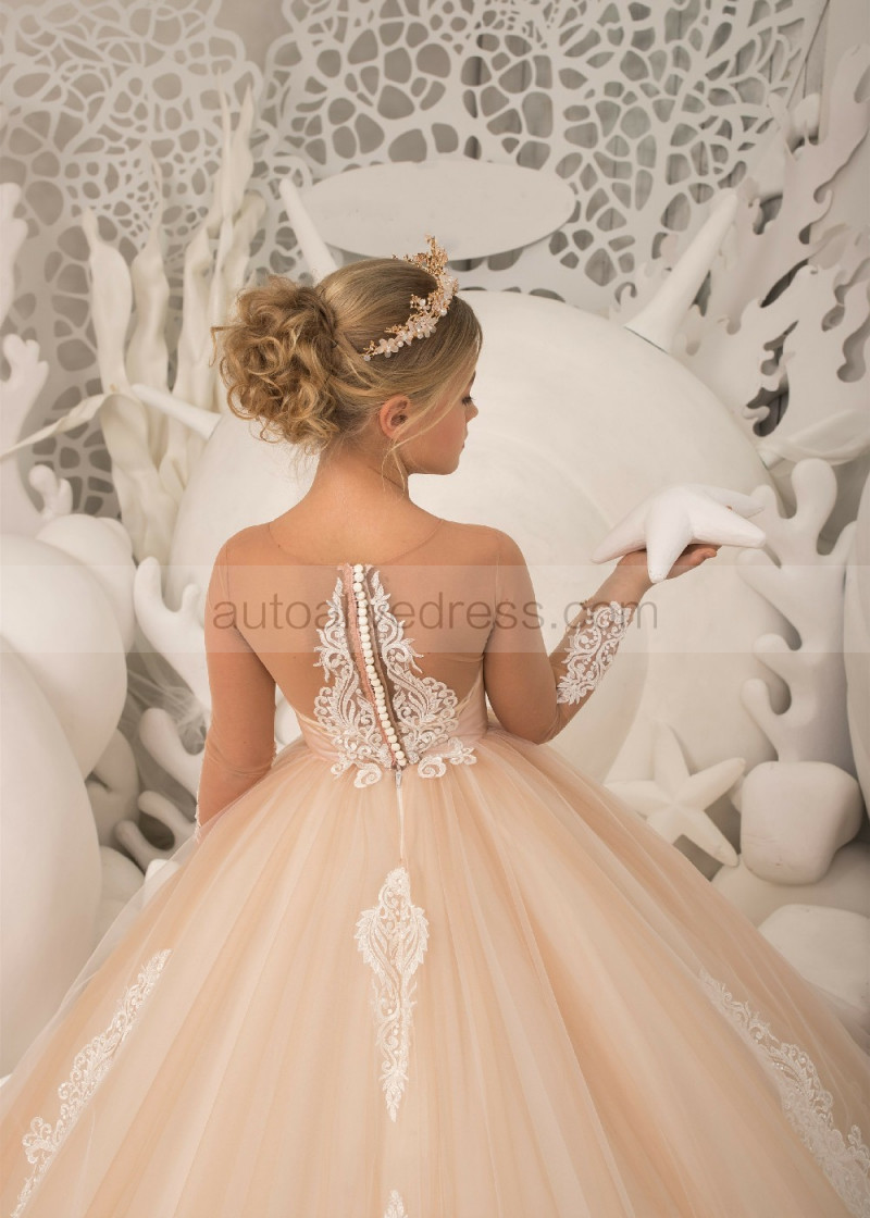 Princess Long Sleeves Ivory And Cappuccino Lace Tulle Dreamy Flower Girl  Dress