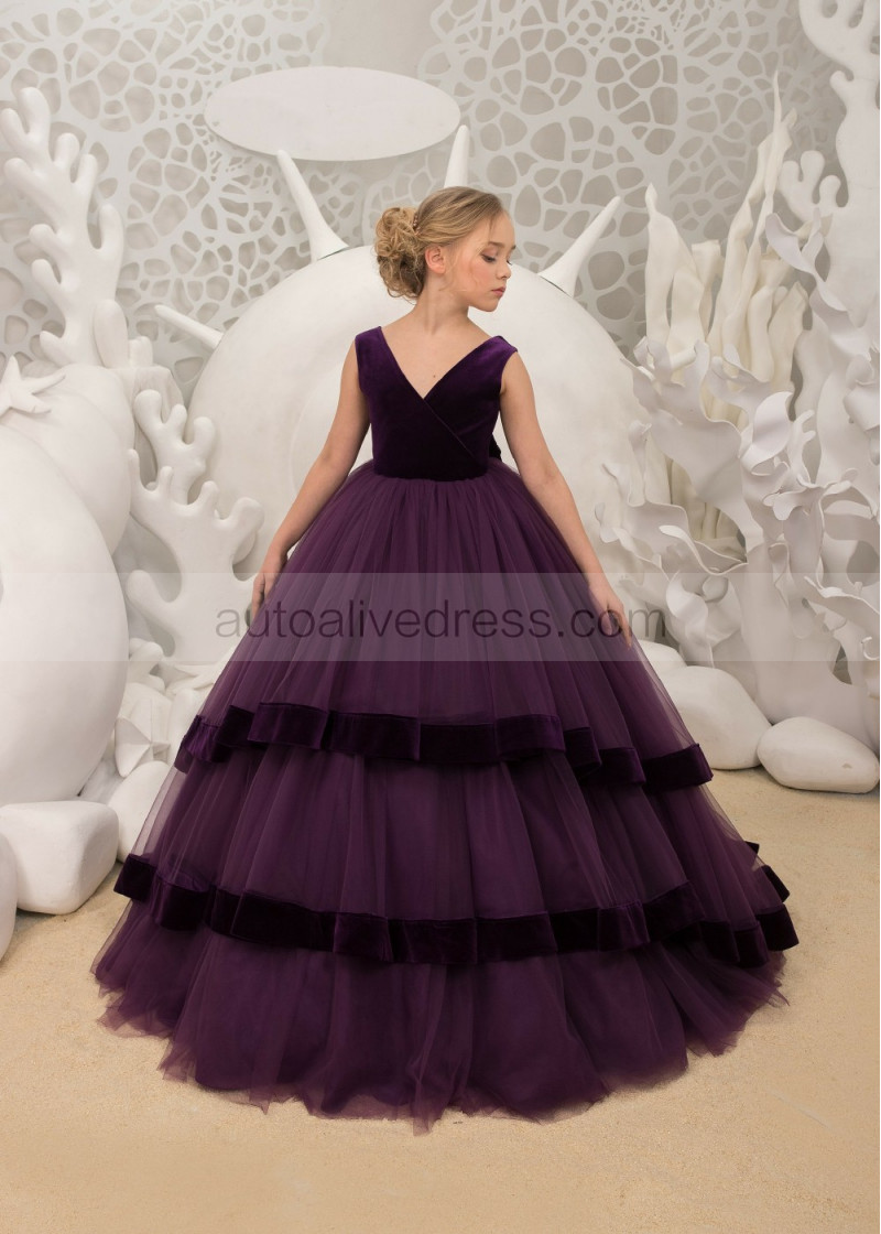Princess Deep Purple Velvet Tulle V Back Flower Girl Dress