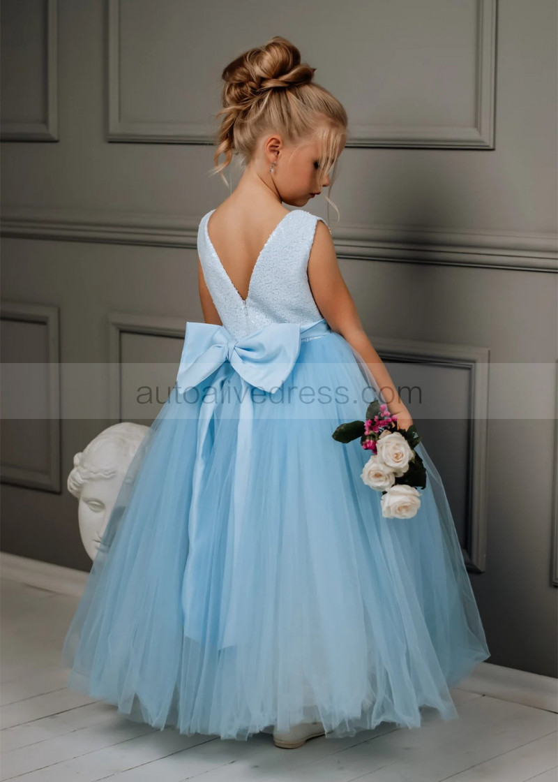 Ball Gown Sky Blue Sequin Tulle Flower Girl Dress