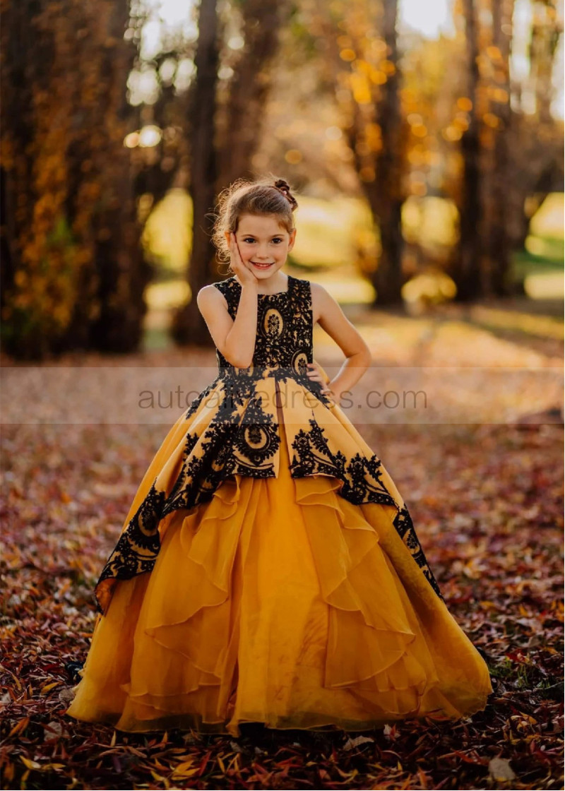 Gold Satin Black Lace Stunning Flower Girl Dress Gold Satin Black Lace Stunning Flower Girl Dress