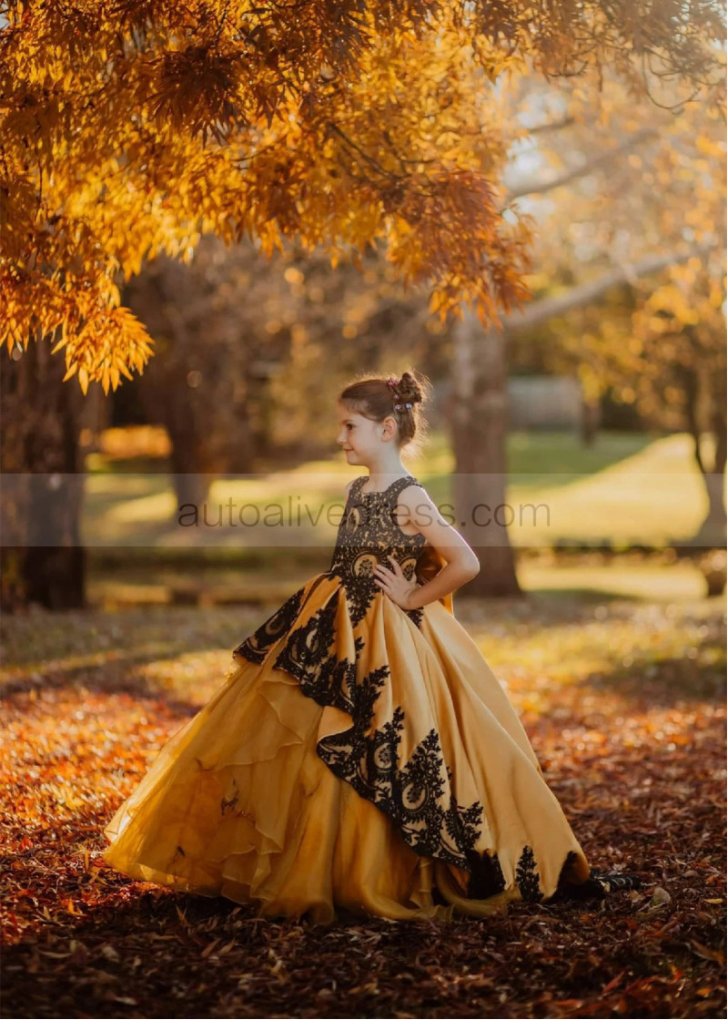 Ball Gown Gold Satin Black Lace Stunning Flower Girl Dress