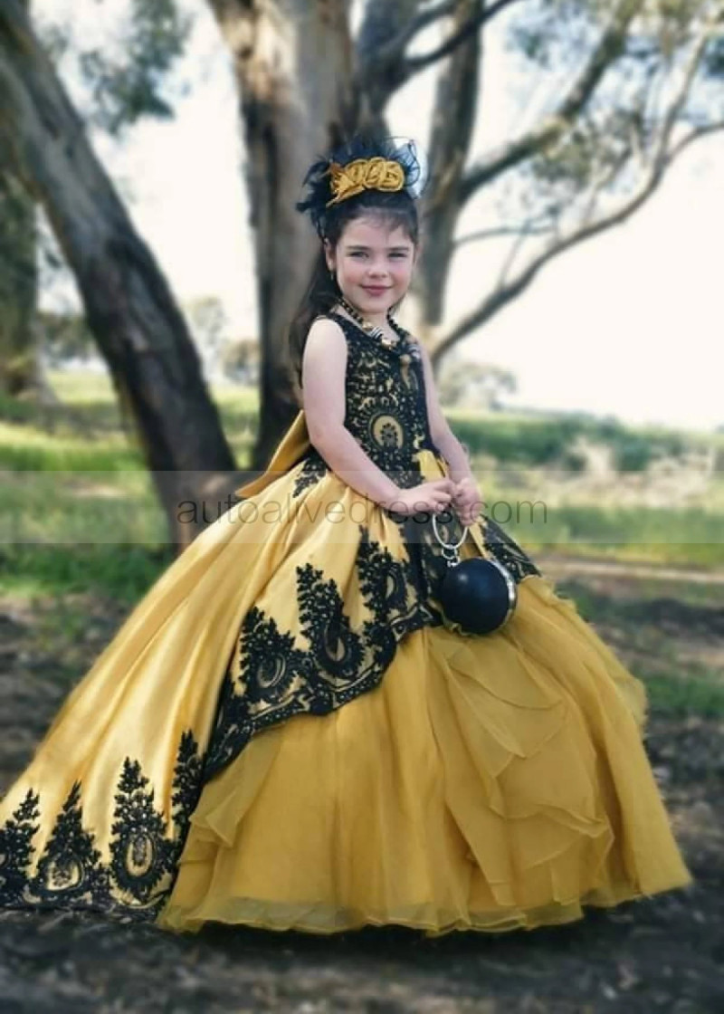 Ball Gown Gold Satin Black Lace Stunning Flower Girl Dress Ball Gown Gold Satin Black Lace Stunning Flower Girl Dress