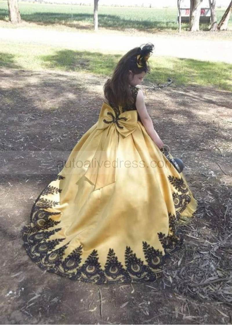 Ball Gown Gold Satin Black Lace Stunning Flower Girl Dress Ball Gown Gold Satin Black Lace Stunning Flower Girl Dress