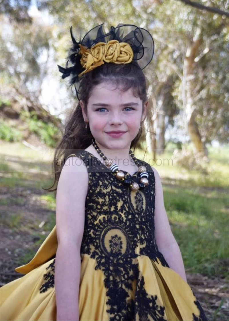 Ball Gown Gold Satin Black Lace Stunning Flower Girl Dress Ball Gown Gold Satin Black Lace Stunning Flower Girl Dress