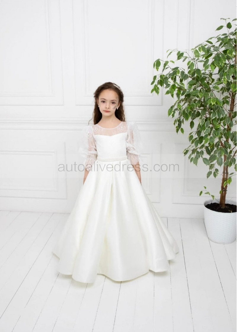 A-line Ivory Lace Satin Handmade Pearl Belt Flower Girl Dress A-line Ivory Lace Satin Handmade Pearl Belt Flower Girl Dress