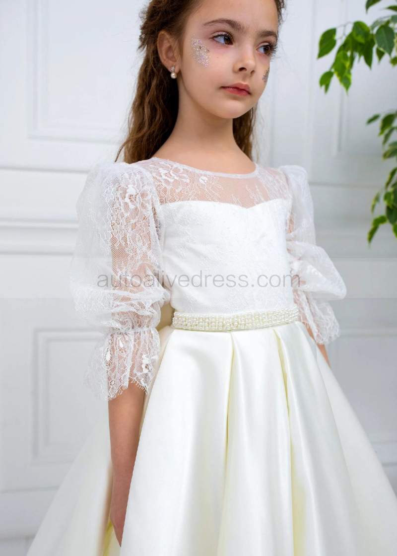 chinese dress ladies Luxury White Girl Dress Bow Handmade Flowers with Glove J357 White / Child-8