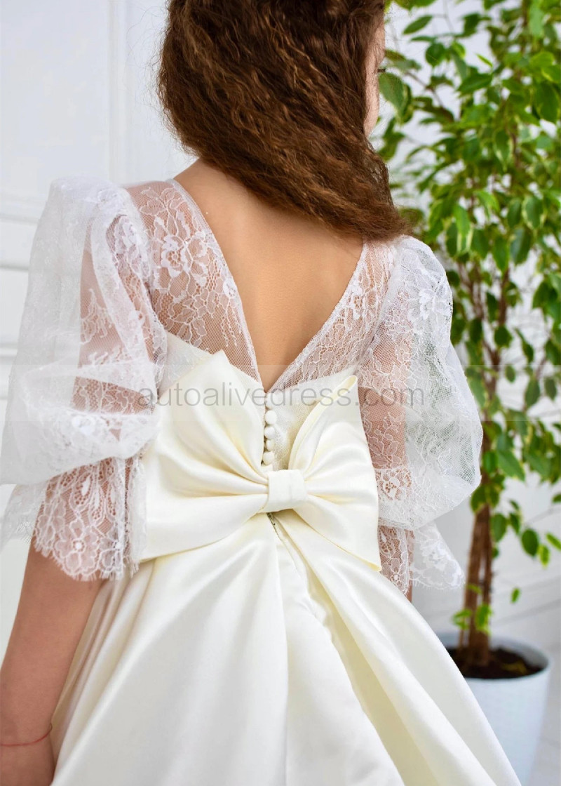 A-line Ivory Lace Satin Handmade Pearl Belt Flower Girl Dress