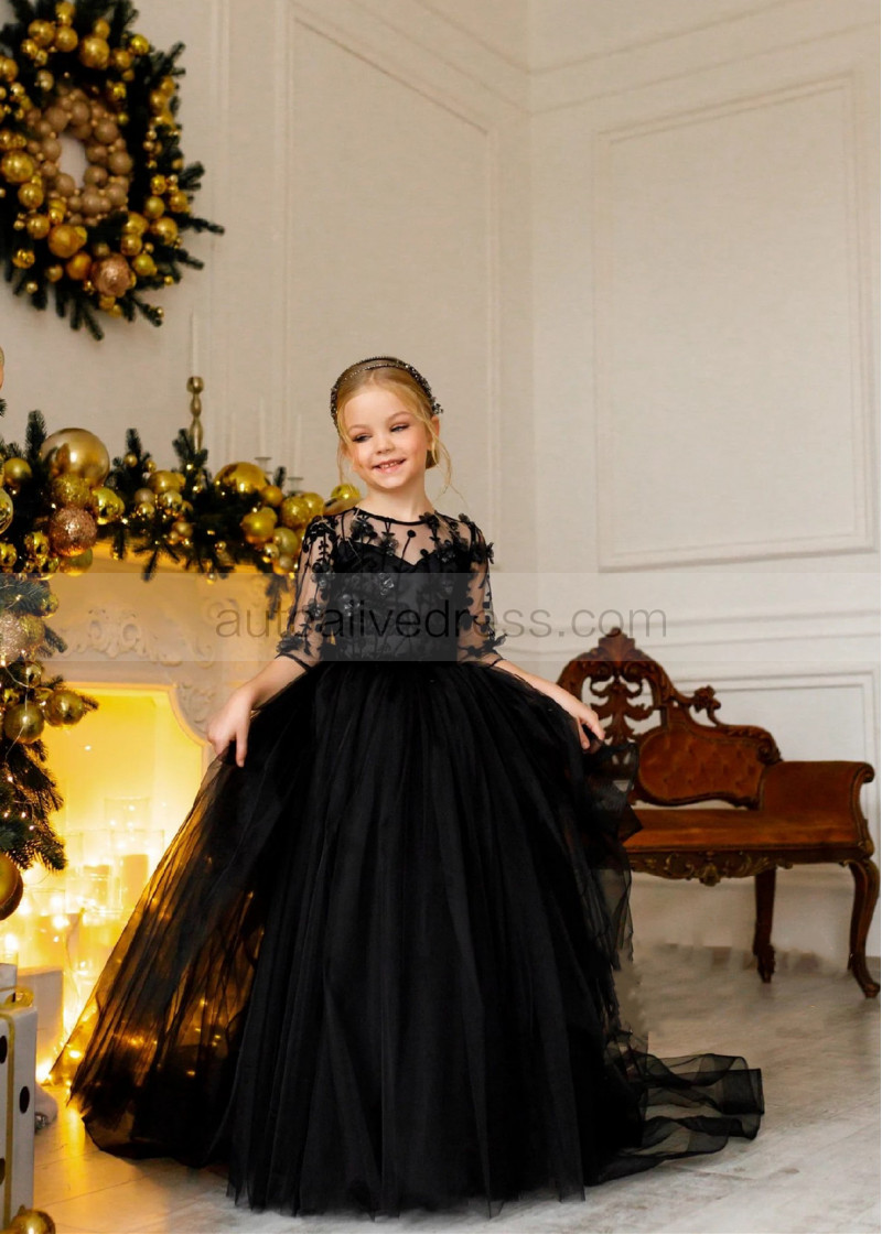 A-line Black Lace Tulle Wedding Party Flower Girl Dress With Train A-line Black Lace Tulle Wedding Party Flower Girl Dress With Train