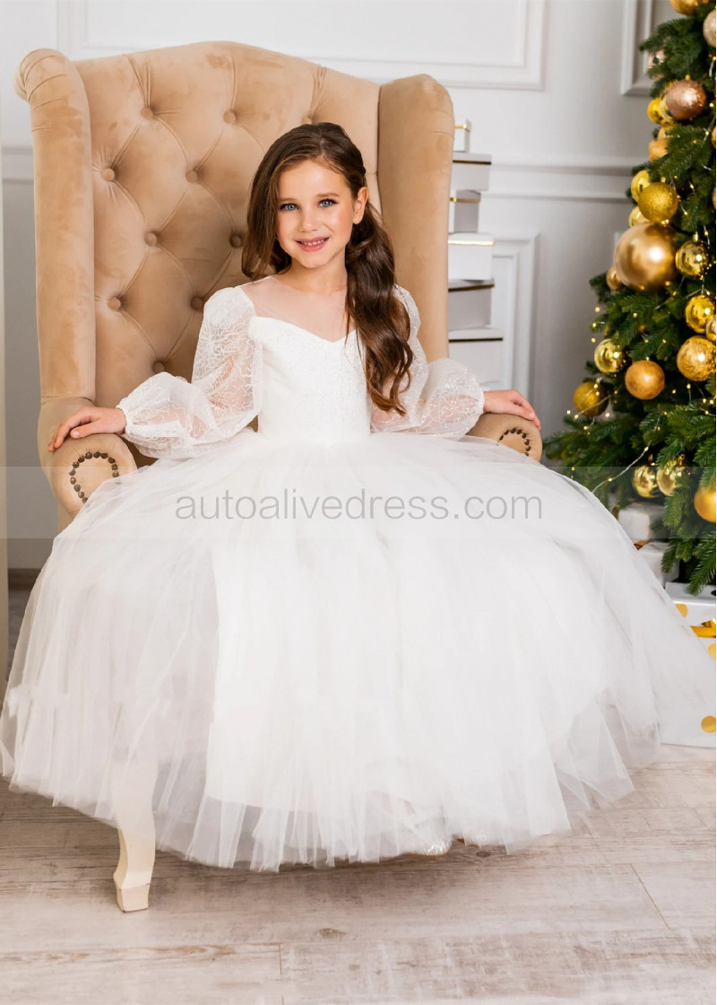 A-line Long Sleeves Ivory Delicate Lace Tulle Flower Girl Dress A-line Long Sleeves Ivory Delicate Lace Tulle Flower Girl Dress