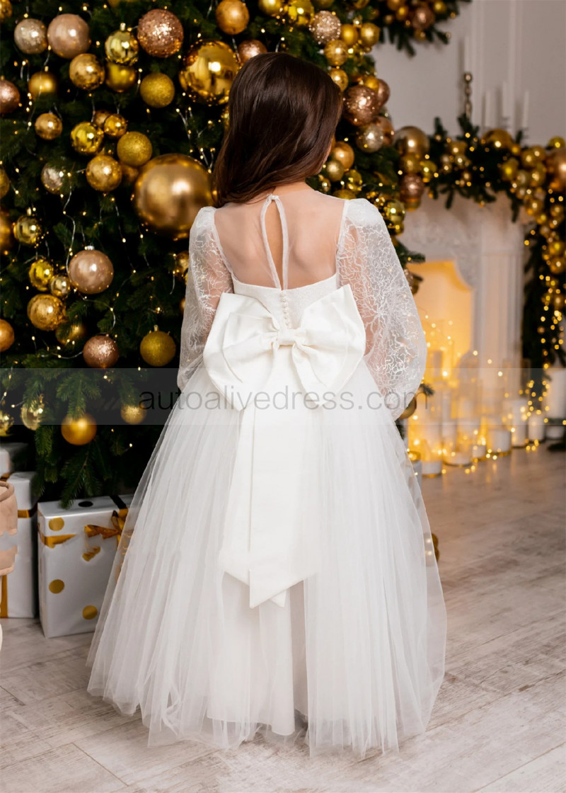 A-line Long Sleeves Ivory Delicate Lace Tulle Flower Girl Dress A-line Long Sleeves Ivory Delicate Lace Tulle Flower Girl Dress