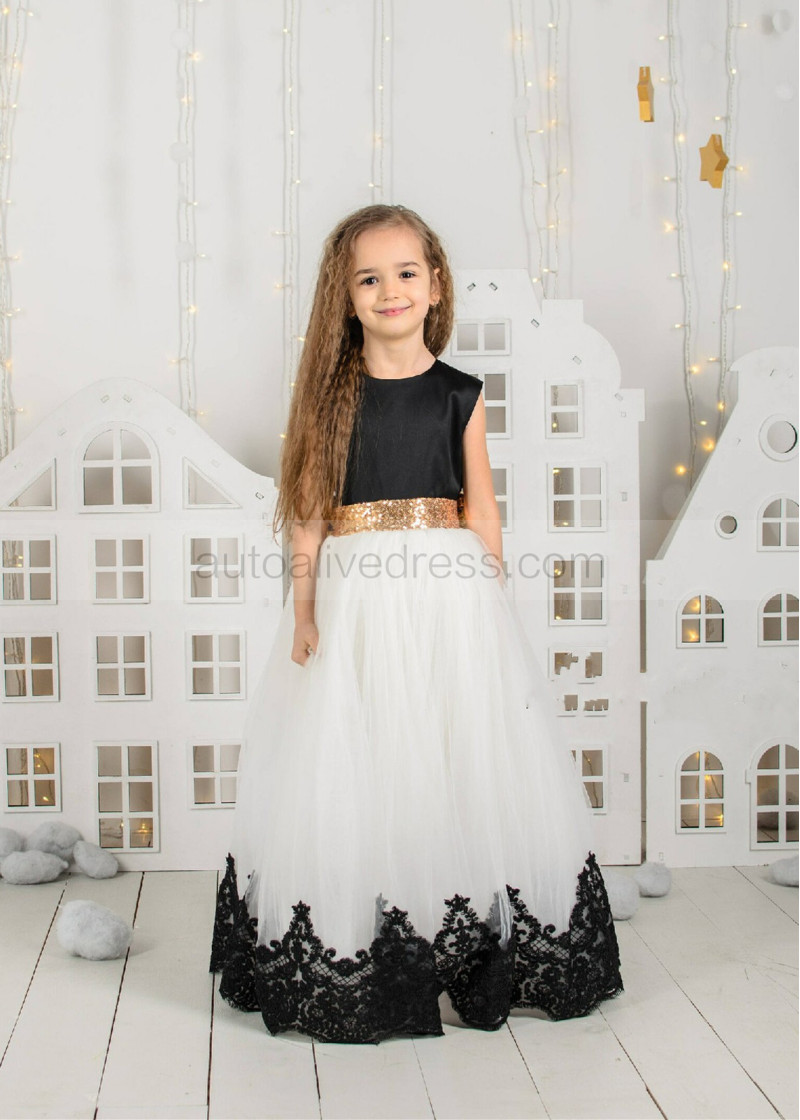 ivory and black flower girl dresses Black Satin Ivory Tulle V Back Sleeveless Wedding Flower Girl Dress