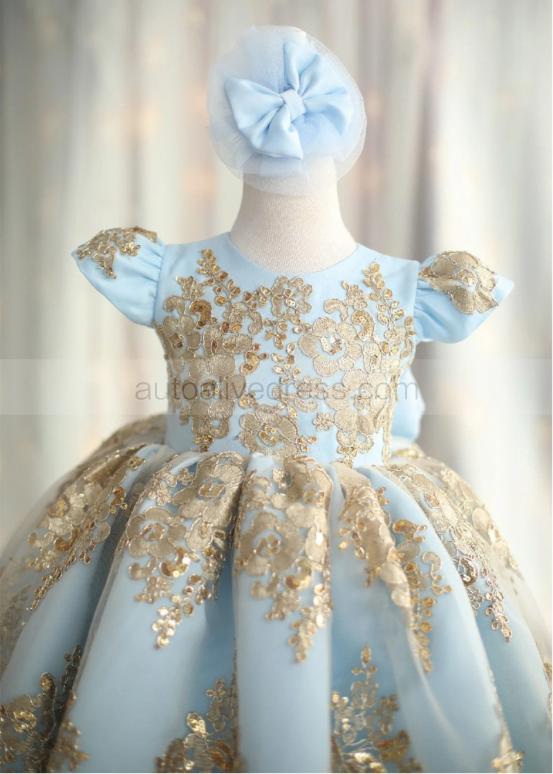 Ball Gown Gold Lace Sky Blue Tulle Fancy Flower Girl Dress