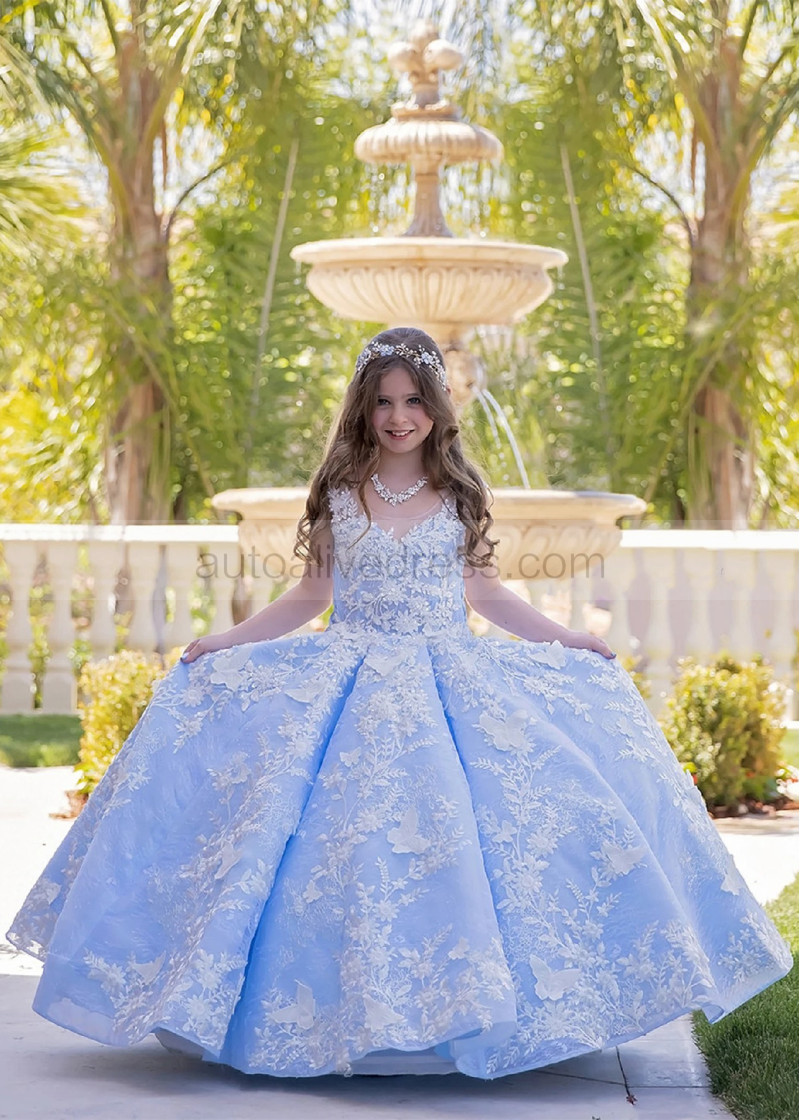 Ball Gown Sky Blue Beaded Lace Tulle 3D Buttterfly Fairytale Flower Girl Dress Ball Gown Sky Blue Beaded Lace Tulle 3D Buttterfly Fairytale Flower Girl Dress