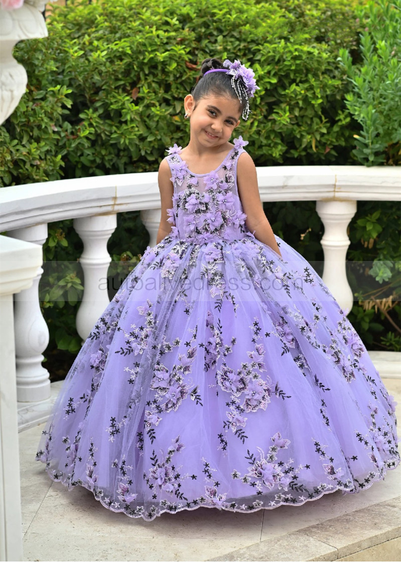 Ball Gown Violet Lace Tulle Pearl Embellished Romantic Flower Girl Dress