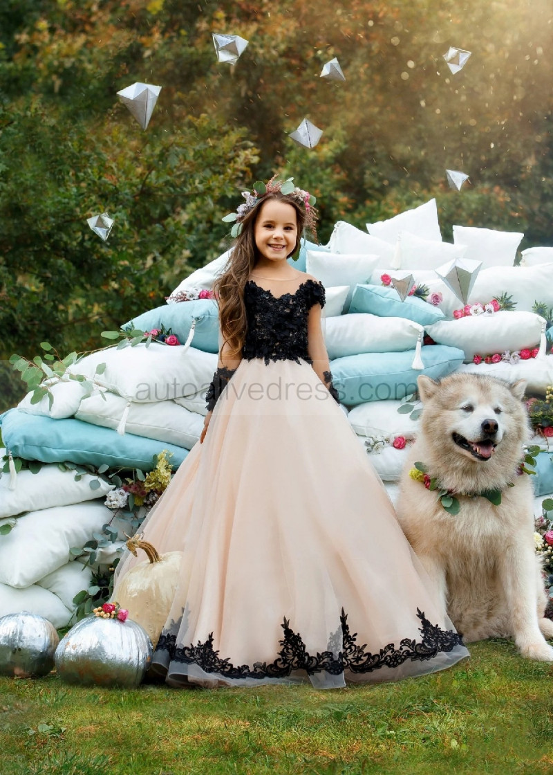 A-line Long Sleeves Black Lace Champagne Tulle Flower Girl Dress A-line Long Sleeves Black Lace Champagne Tulle Flower Girl Dress